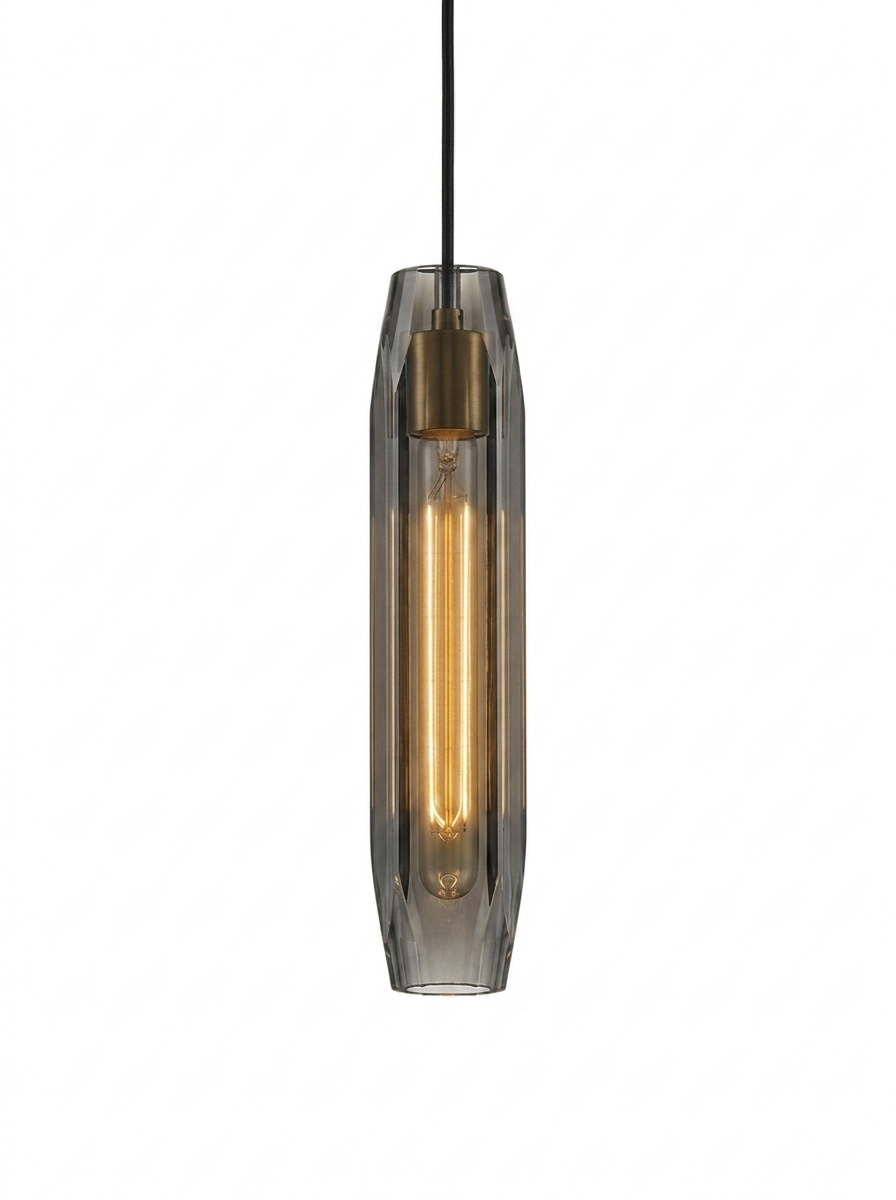 Ansel crystal pendant in copper (brass) with smoked gray crystal on a studio white background