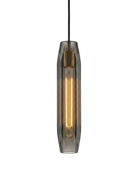 Ansel crystal pendant in copper (brass) with smoked gray crystal on a studio white background