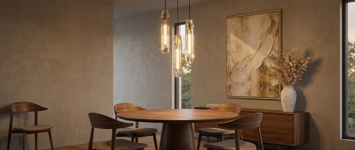 Ansel crystal pendants clustered over a mid-century modern dining table lifestyle