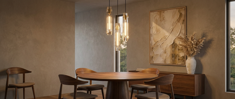 Ansel crystal pendants clustered over a mid-century modern dining table lifestyle