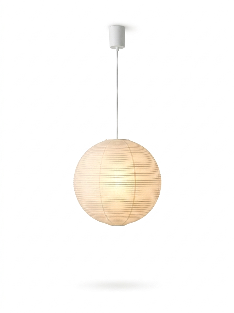 Birk washi paper lantern pendant with a white cord on a studio white background