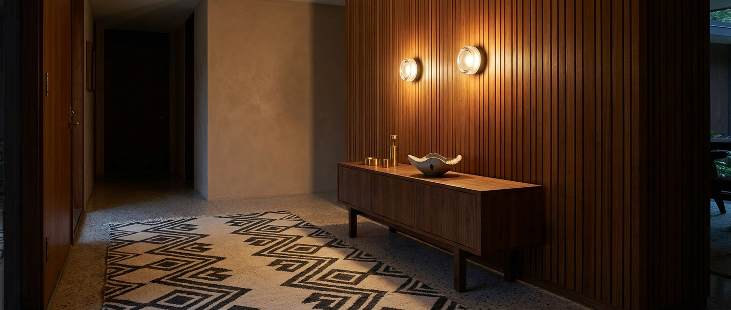 Corin sconces glowing on a teak-slat wall in a mid-century modern hallway lifestyle