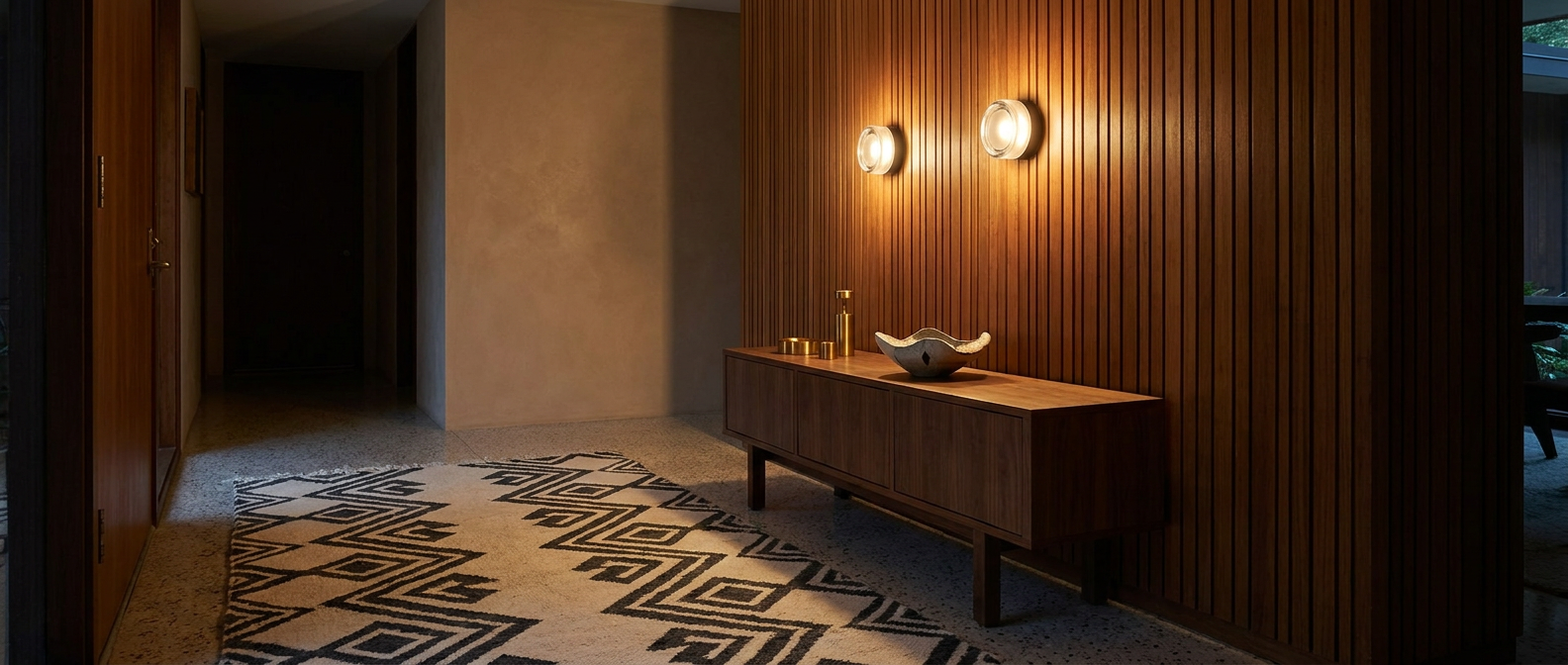 Corin sconces glowing on a teak-slat wall in a mid-century modern hallway lifestyle