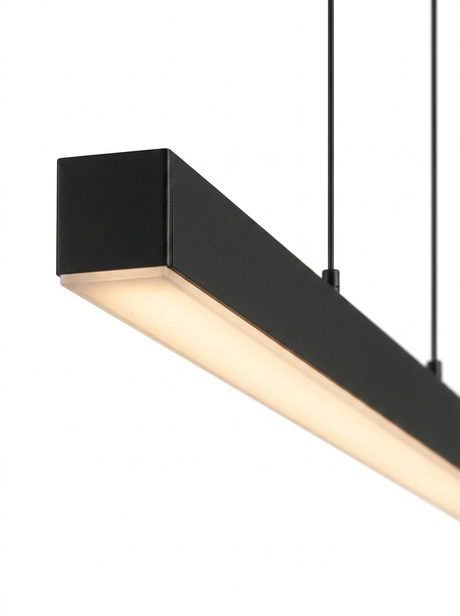 Three-quarter profile of the slim black linear pendant showing its low-profile depth
