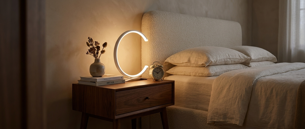 Fenn C-lamp glowing on a walnut nightstand in a mid-century modern bedroom lifestyle