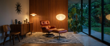 Lasse paper floor lantern glowing in a bold mid-century modern living room lifestyle at dusk