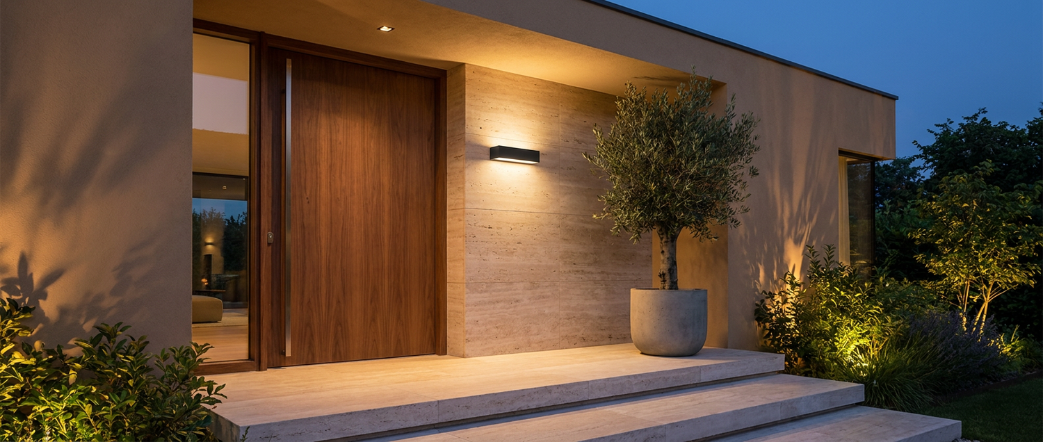 Aveline wall light casting a warm wash on a modern travertine entrance at dusk lifestyle