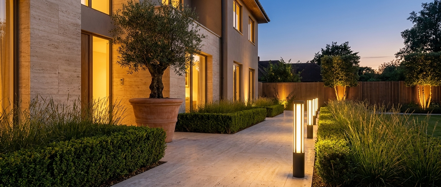 Aldous bollards lining a travertine pathway to a modern house at dusk lifestyle