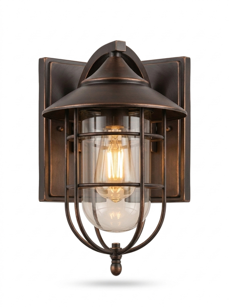 Merren caged outdoor wall lantern in oil-rubbed bronze on a studio white background