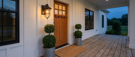 Merren caged lantern glowing on a white farmhouse porch at dusk lifestyle