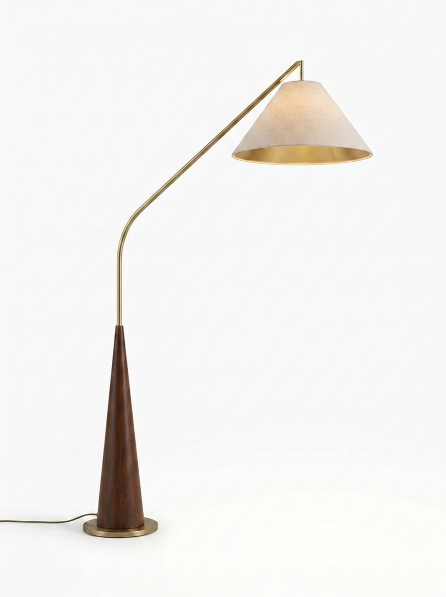 Cyra mid-century brass arc floor lamp with walnut base