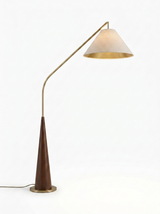 Cyra mid-century brass arc floor lamp with walnut base