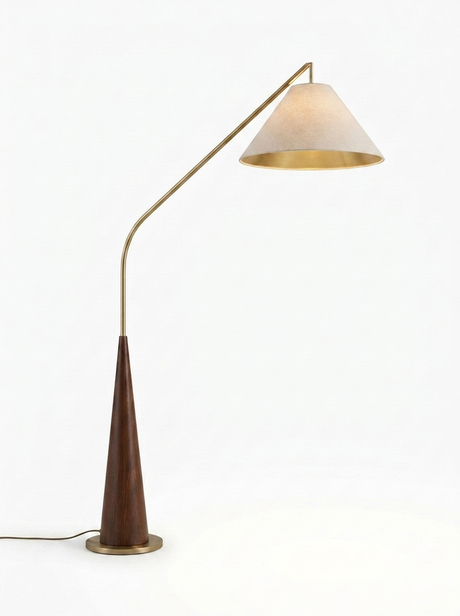 Cyra mid-century brass arc floor lamp with walnut base