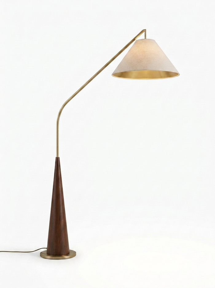 Cyra mid-century brass arc floor lamp with walnut base