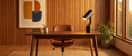 Halo desk lamp on a walnut desk in a mid-century modern home office — lifestyle
