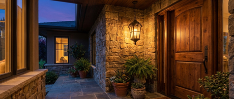 Kesler outdoor lantern hanging in a stone entryway at dusk — lifestyle
