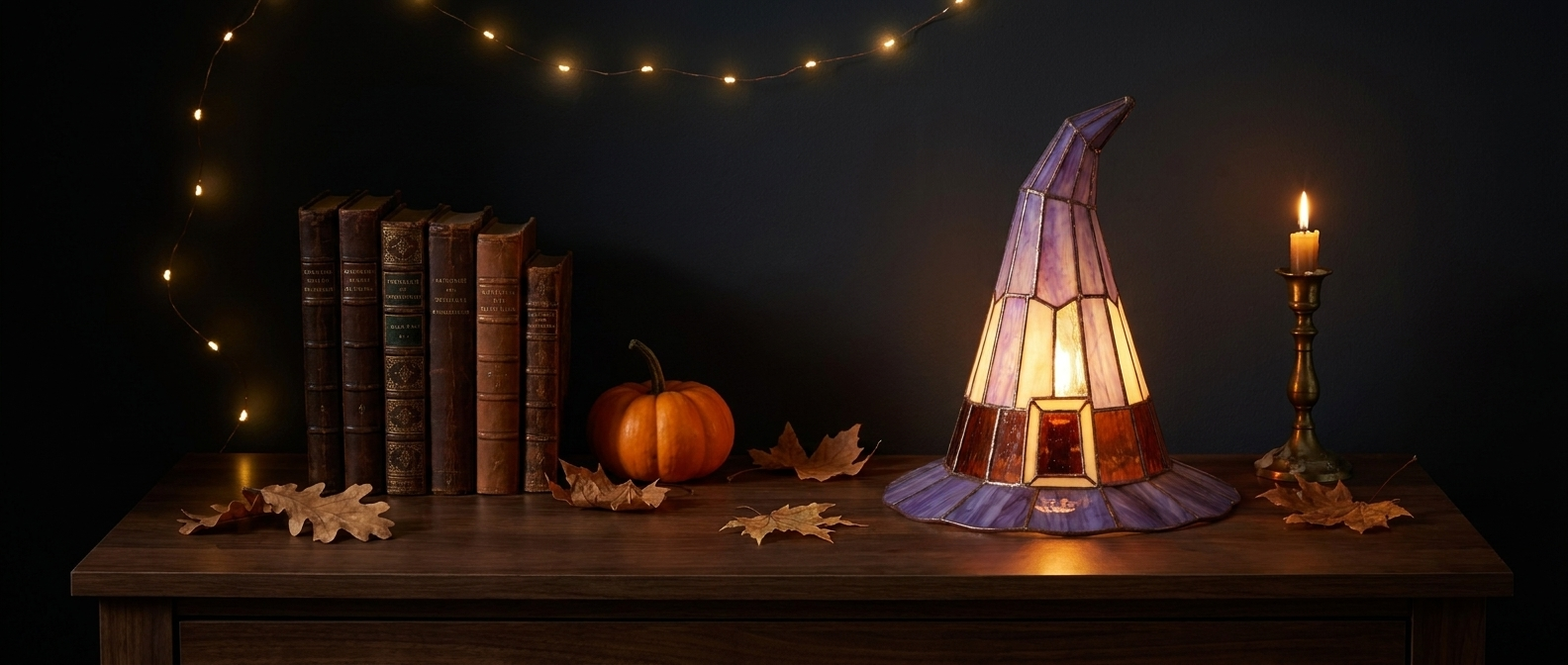 Solin stained glass lamp glowing in a cozy autumn vignette — lifestyle