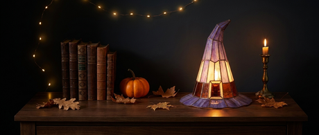Solin stained glass lamp glowing in a cozy autumn vignette — lifestyle