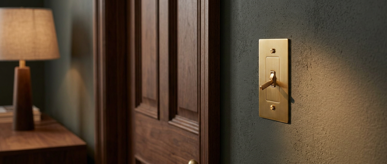 Ansel brass toggle switch installed on a dark plaster wall — lifestyle