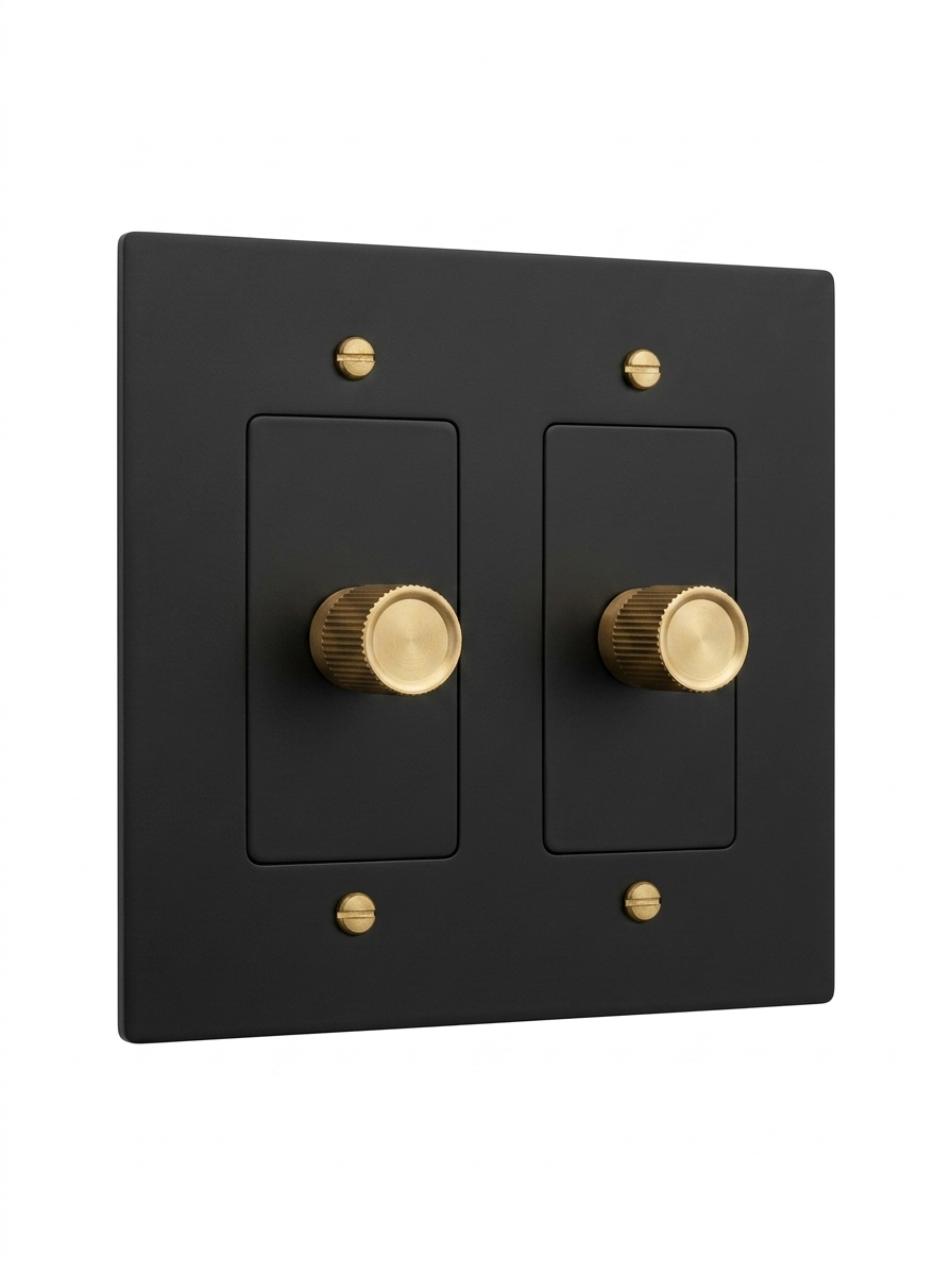 Rhone night black with brass rotary dimmer 2-gang