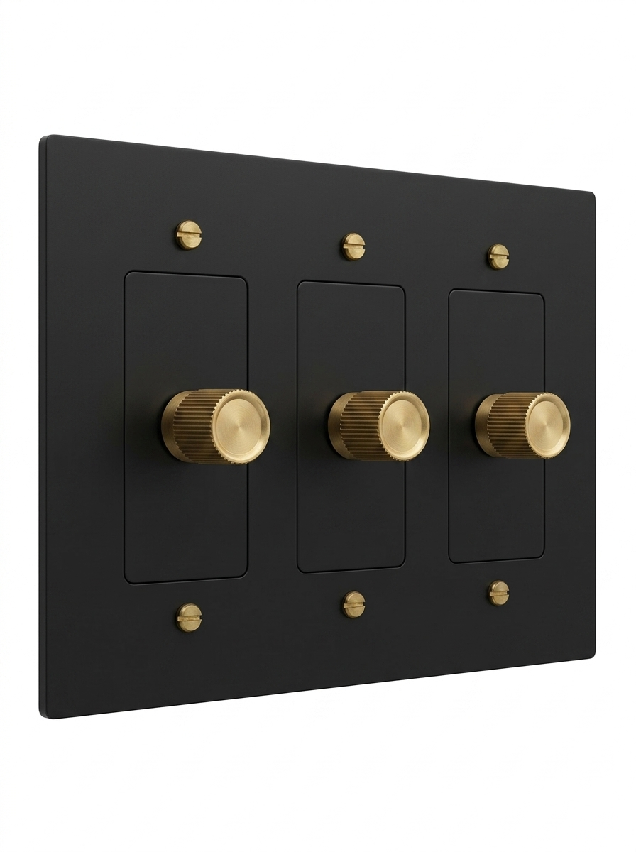 Rhone night black with brass rotary dimmer 3-gang