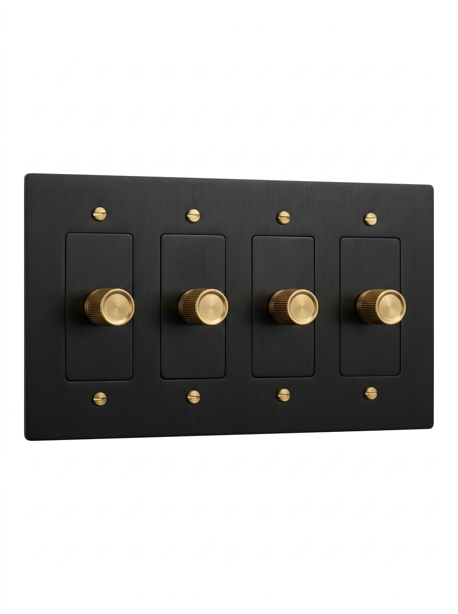 Rhone night black with brass rotary dimmer 4-gang