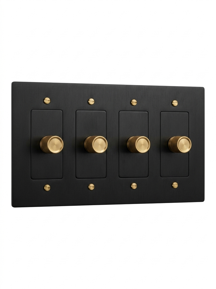 Rhone night black with brass rotary dimmer 4-gang