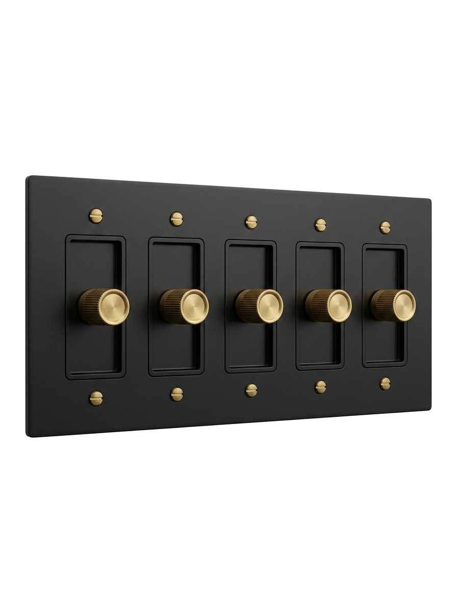 Rhone night black with brass rotary dimmer 5-gang