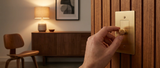 Rhone brass dimmer on a teak slat wall in a mid-century room — lifestyle