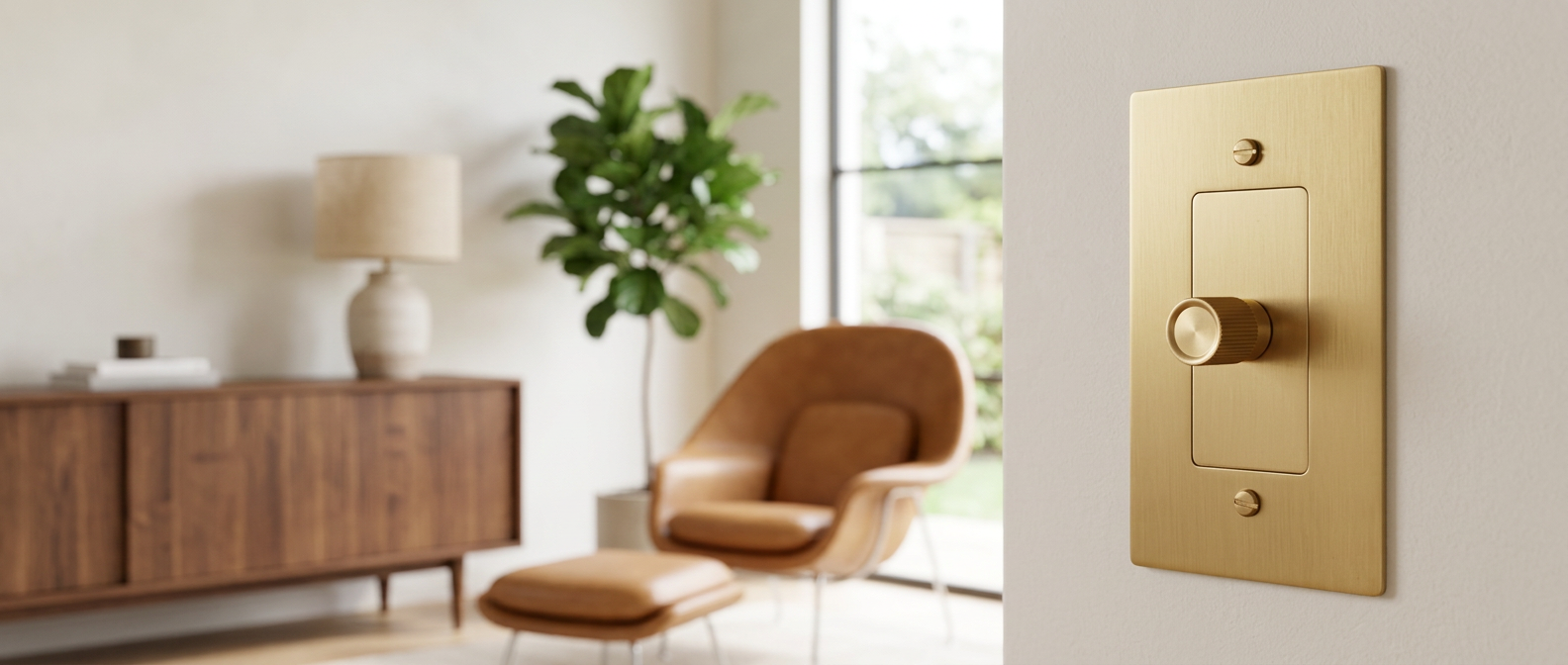 Calder brass dimmer in a bright mid-century living room — lifestyle