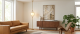 Elin floor-to-ceiling globe lamp in a bright mid-century living room — lifestyle