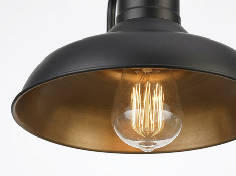 Doria matte-black barn shade with warm Edison bulb close-up