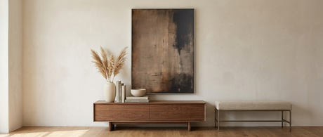 Esker abstract canvas framed in a warm living room — lifestyle