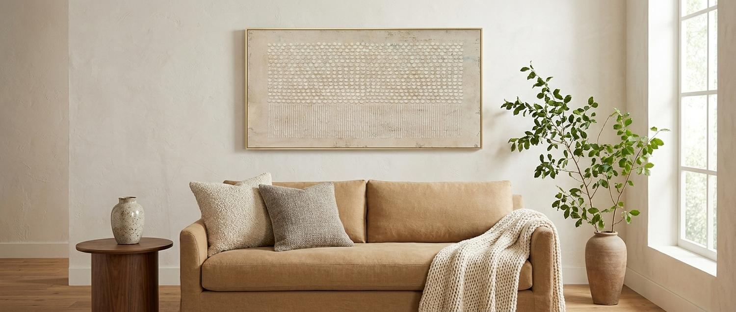 Dovre textured canvas framed above a linen sofa — lifestyle