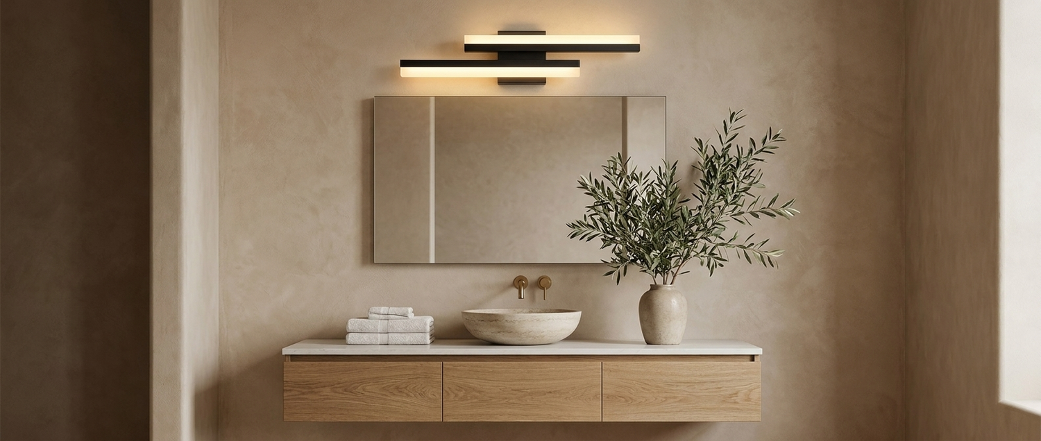 Orla asymmetric vanity light over a mirror in a warm modern bathroom — lifestyle