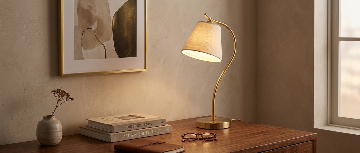 Elio brass gooseneck desk lamp on a walnut desk in a warm study — lifestyle