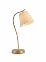 Elio brass gooseneck desk lamp three-quarter view — studio white