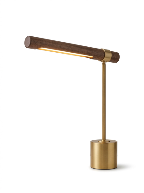 Ivo walnut-and-brass LED desk lamp three-quarter view — studio white