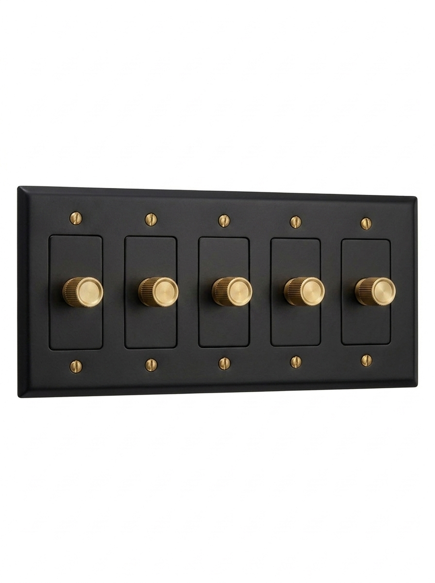 Orin night black with brass rotary dimmer 5-gang