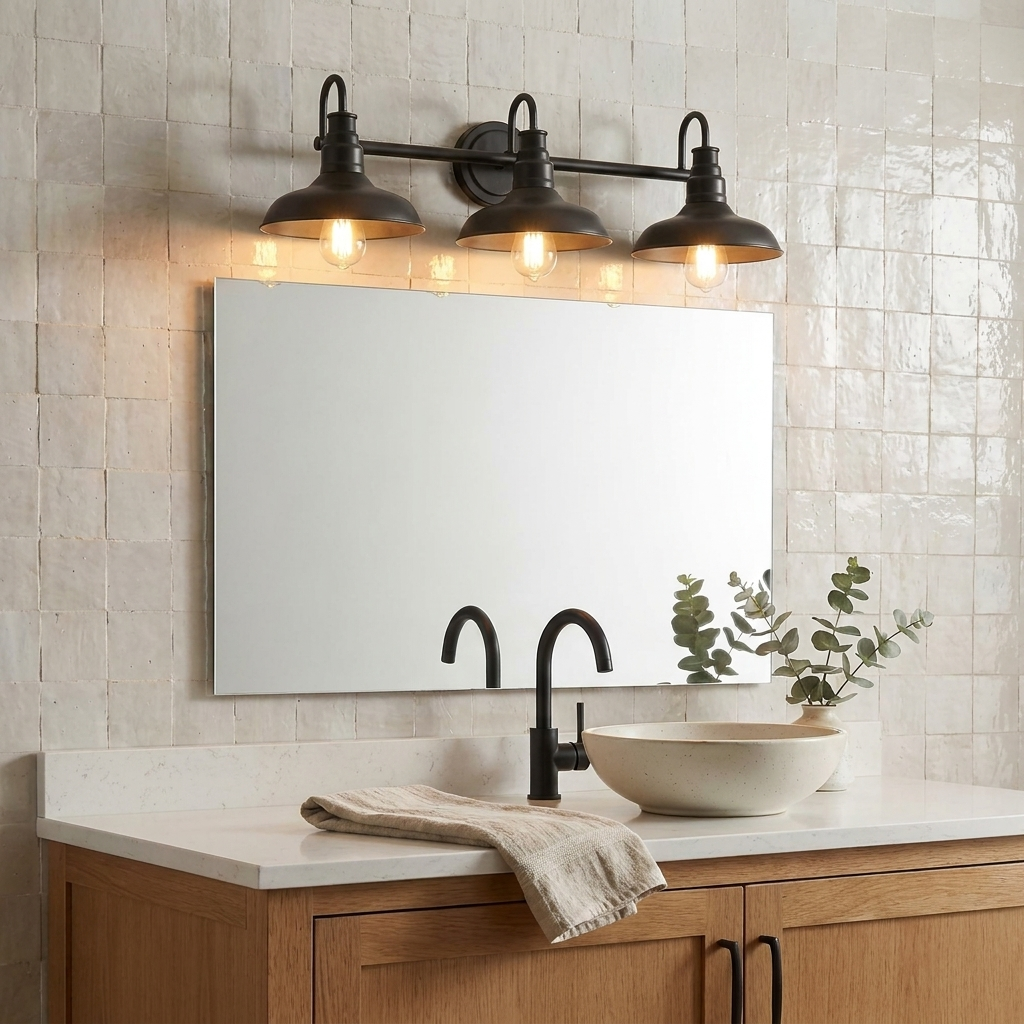 Doria 3-light vanity light over a mirror in a warm farmhouse bathroom