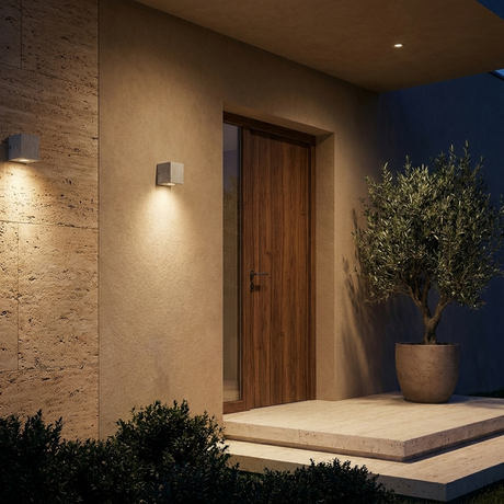 Ilse concrete wall lights on a modern travertine entrance at dusk