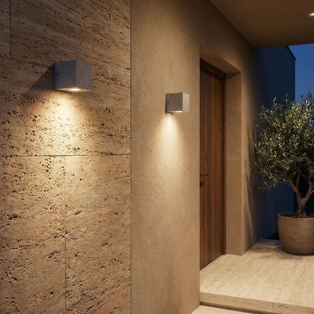 Ilse concrete cube wall light glowing on a travertine entrance at dusk
