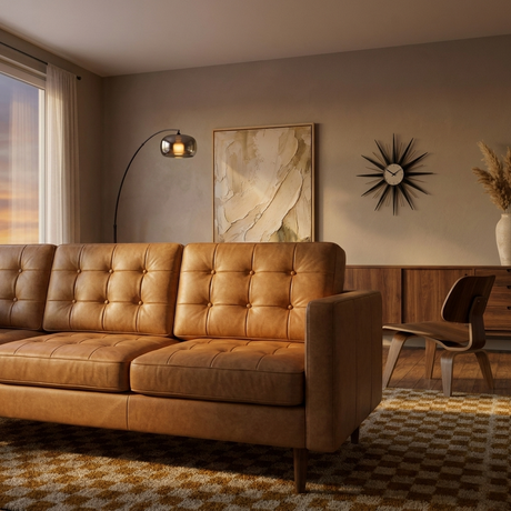 Dara arc floor lamp glowing beside a leather sofa in a mid-century living room