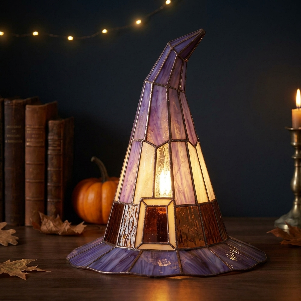 Solin stained glass witch-hat lamp glowing among books and pumpkins at night