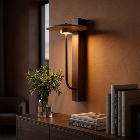 Vero sconce above a styled console, warm interior