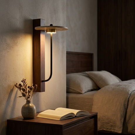 Vero sconce above a bedroom nightstand, warm glow