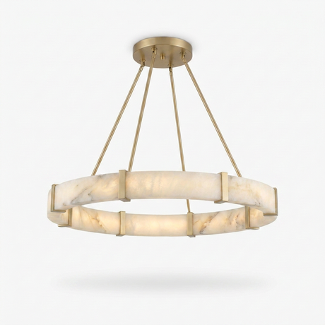 Aura chandelier glowing warm, studio