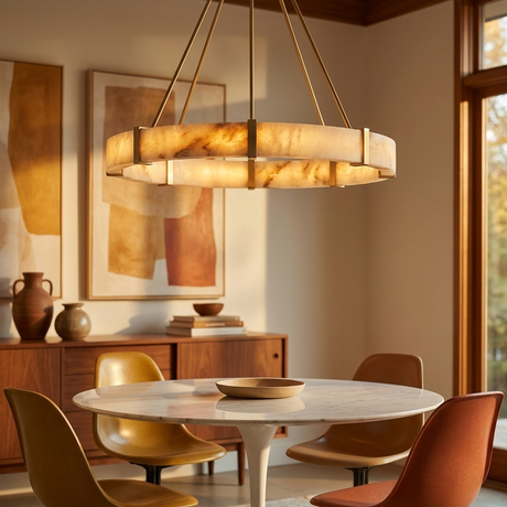 Aura chandelier over a mid-century dining table