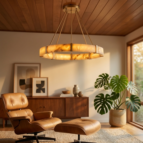 Aura chandelier in a mid-century living room