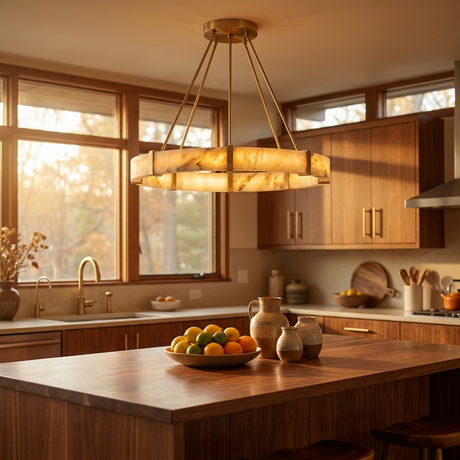 Aura chandelier over a walnut kitchen island